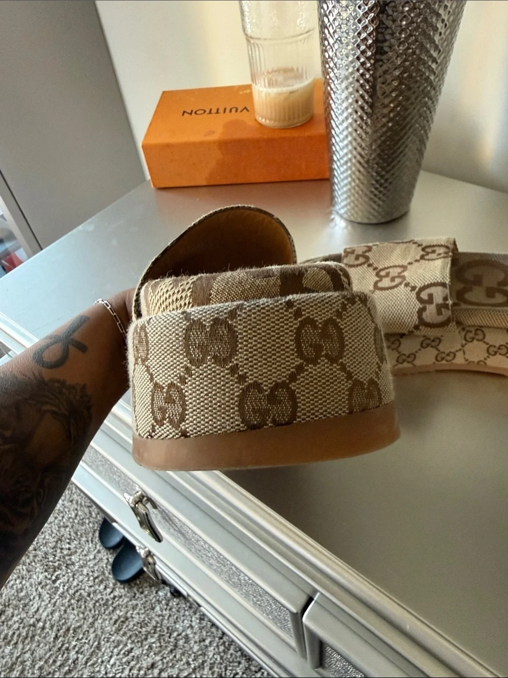 Gucci Brown and Beige GG Canvas Platform Slides